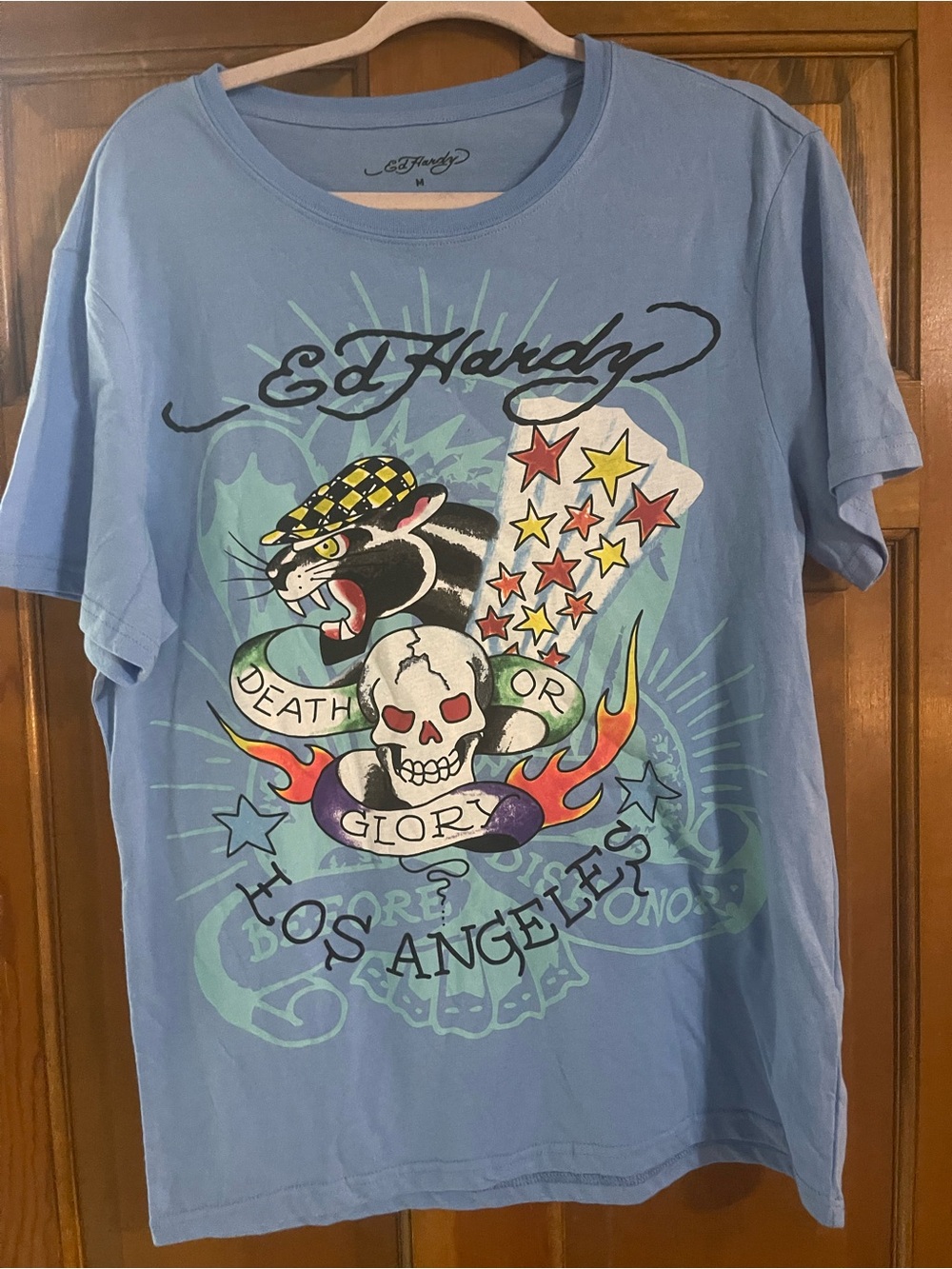 Ed Hardy Light Blue Graphic Tee with Green Accents